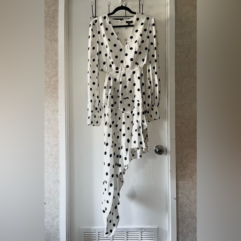 AFRM Asymmetrical V-Neck Polka Dot Waist Cut-Out Teired High Low Dress